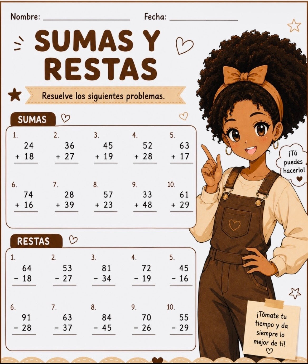 Spanish Language Addition and Subtraction Worksheet