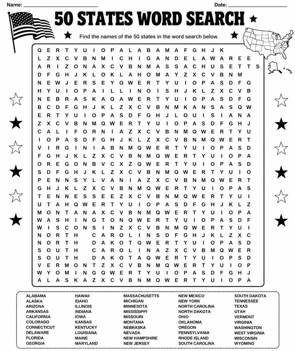 50 US States Word Search — Geography Activity for Grades 6–12